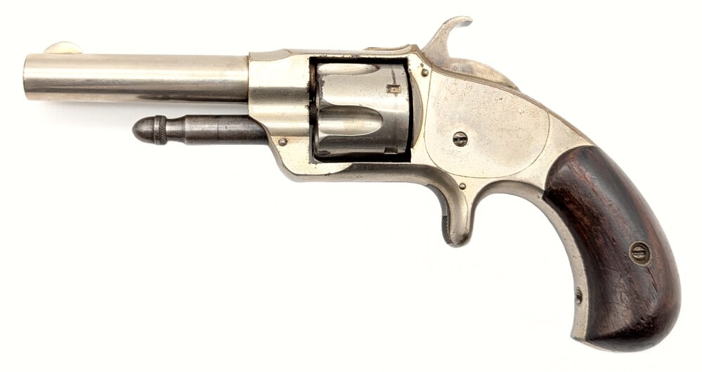 Smith Otis Smith's Patent .32 Cal Spur Trigger Revolver: Manufacturer: Smith Otis, Model: Spur Trigger, Type: Revolver, Caliber/Gauge: .32 Cal, Barrel: 3 inch, Choke: , Finish: Nickel, Grip: Smooth Wood, Stock: , Condition: Good with some finish wear, and s