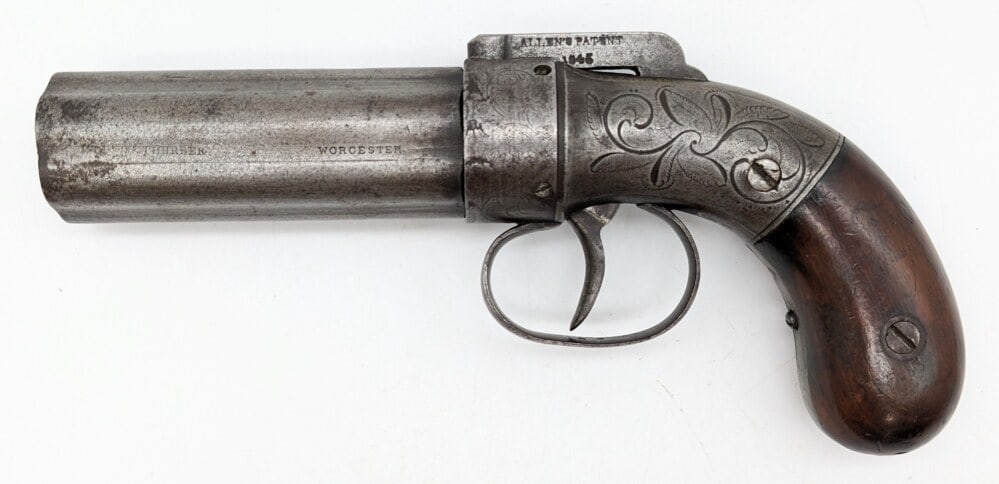 Allen & Thurber Worchester .30 Cal Percussion 6-Shot Pepper-Box Pistol: Manufacturer: Allen & Thurber, Model: Pepper-Box, Type: Black Powder, Caliber/Gauge: .30 Cal, Barrel: 3-3/8 inch, Choke: , Finish: Bare Metal, Grip: Wood, Stock: , Condition: Nice aged condition with 