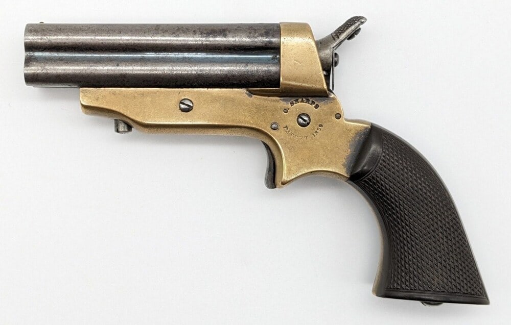 Civil War Era C. Sharps .30 Cal 4-Barrel Pepperbox Derringer: Manufacturer: C. Sharps, Model: Pepperbox, Type: Derringer, Caliber/Gauge: .22 Cal, Barrel: 3 inch, Choke: , Finish: Bare Metal, Grip: Checkered Plastic w/ Brass Frame, Stock: , Condition: Good aged c