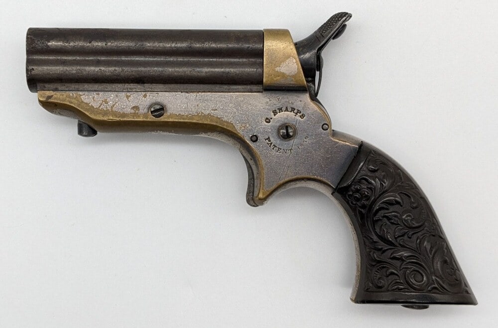Civil War Era C. Sharps .22 Cal 4-Barrel Pepperbox Derringer: Manufacturer: C. Sharps, Model: Pepperbox, Type: Derringer, Caliber/Gauge: .22 Cal, Barrel: 2-1/2 inch, Choke: , Finish: Worn Blued, Grip: Gutta Percha, Stock: , Condition: Aged with heavy finish wear