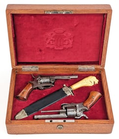 Antique Case Set of Belgian 7mm Pinfire Revolvers & Dagger