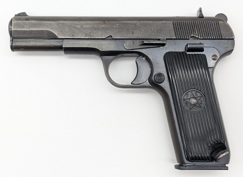 Yugo Zastava M57 7.62 x 25mm Semi Auto Pistol: Manufacturer: Yugo Zastava, Model: M57, Type: Pistol, Caliber/Gauge: 7.62 x 25mm, Barrel: 4-1/2 inch, Choke: , Finish: Blued, Grip: Striped Plastic, Stock: , Condition: Fair with finish wear, some spo