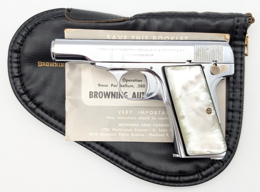 Browning Model 1955 .380 ACP Semi Auto Pistol w/ Case & Manual: Manufacturer: Browning Arms Co., Model: 1955, Type: Pistol, Caliber/Gauge: 9mm Kurz / .380 ACP, Barrel: 3-3/8 inch, Choke: , Finish: Nickel, Grip: Faux Pearl, Stock: , Condition: Nice with light scuff
