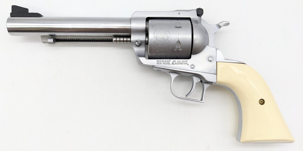 Ruger New Model Blackhawk Bisley Model .45 Linebaugh Revolver: Manufacturer: Ruger, Model: New Model Blackhawk, Type: Revolver, Caliber/Gauge: .45 Linebaugh, Barrel: 5-3/4 inch, Choke: , Finish: Stainless Steel, Grip: White Plastic, Stock: , Condition: Good used