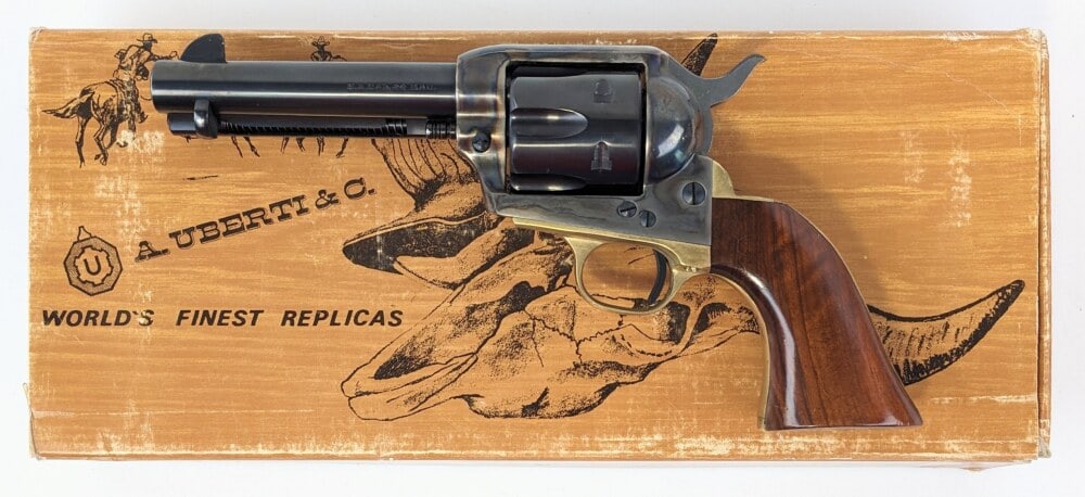 A. Uberti Buckhorn .44 Magnum Single Action Revolver w/ Box: Manufacturer: A. Uberti, Model: Buckhorn, Type: Revolver, Caliber/Gauge: .44 Mag, Barrel: 4-3/4 inch, Choke: , Finish: Blued & Color Case Hardened, Grip: Wood, Stock: , Condition: Very nice with light