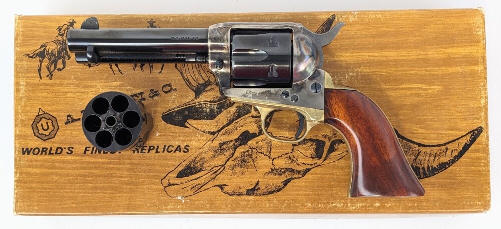 A. Uberti 1873 Regulator .45 LC & .45 ACP Single Action Revolver w/ Box: Manufacturer: A. Uberti, Model: 1873 Regulator, Type: Revolver, Caliber/Gauge: .45 LC / .45 ACP, Barrel: 4-3/4 inch, Choke: , Finish: Blued & Color Case Hardened, Grip: Wood, Stock: , Condition: Nice