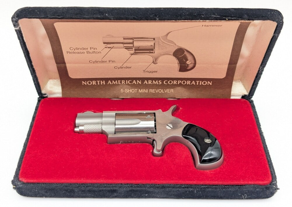 North American Arms Corp. NAA .22 Short 5-Shot Revolver w/ Case: Manufacturer: North American Arms Corp., Model: NAA, Type: Revolver, Caliber/Gauge: .22 LR, Barrel: 1-1/8 inch, Choke: , Finish: Stainless Steel, Grip: Smooth Plastic, Stock: , Condition: Very nice wi