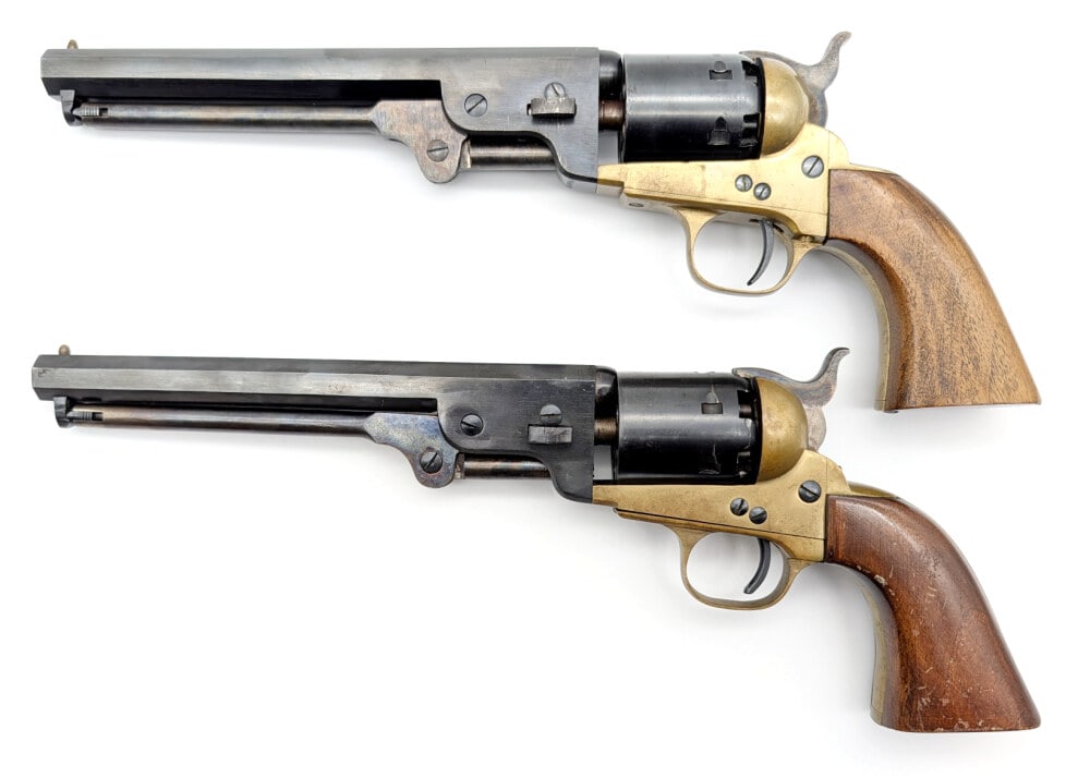 (2) Italian EIG Colt 1851 Navy .36 Cal Percussion Revolver: Manufacturer: EIG, Model: 1851 Navy, Type: Black Powder, Caliber/Gauge: .36 Cal, Barrel: 7-1/2 inch Octagon, Choke: , Finish: Blued & Brass, Grip: Smooth Wood, Stock: , Condition: Nice with light scuf