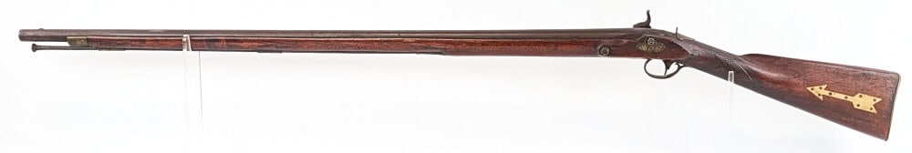 Antique .69 Cal Smooth Bore Percussion Rifle: Manufacturer: Unknown , Model: Percussion, Type: Black Powder, Caliber/Gauge: .69 Cal, Barrel: 39 inch, Choke: , Finish: Oxidized Blue, Grip: , Stock: Wood, Condition: Fair aged condition with small c