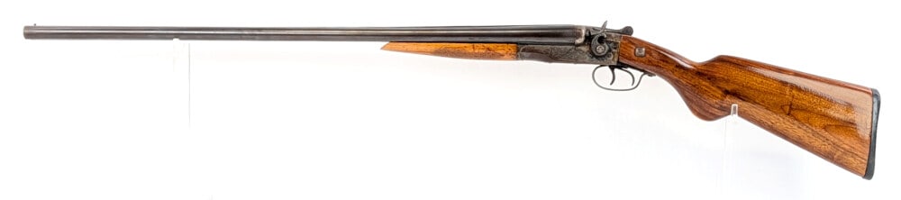 J. Stevens Arms Co. 16 Ga SxS Hammer Shotgun: Manufacturer: J. Stevens Arms Co., Model: SxS, Type: Shotgun, Caliber/Gauge: 16 Ga, Barrel: 30 inch, Choke: Unmarked, Finish: Blued & Color Case Hardened, Grip: , Stock: Wood, Condition: Fair with fin
