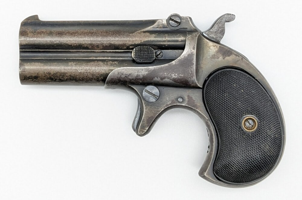 Remington Arms Third Model 95 .41 RF Double Derringer: Manufacturer: Remington Arms, Model: 95, Type: Derringer, Caliber/Gauge: .41 Short, Barrel: 3 inch, Choke: , Finish: Worn Blued, Grip: Checkered Plastic, Stock: , Condition: Nice with a good worn fini