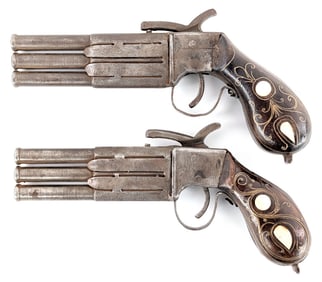 Pair of Antique Russian Three Barrel Duck Foot Display Percussion Pistols