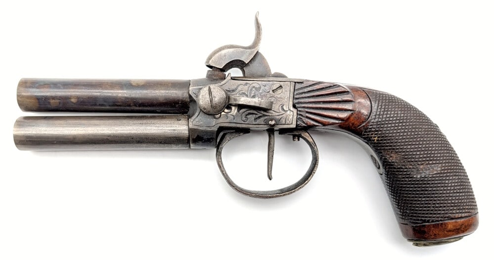 Unmarked .38 Cal Double Barrel Percussion Pistol: Manufacturer: Unknown , Model: Percussion Pistol, Type: Black Powder, Caliber/Gauge: .38 Cal, Barrel: 2-7/8 inch, Choke: , Finish: Worn Blued, Grip: Checkered Wood, Stock: , Condition: Nice with scatt