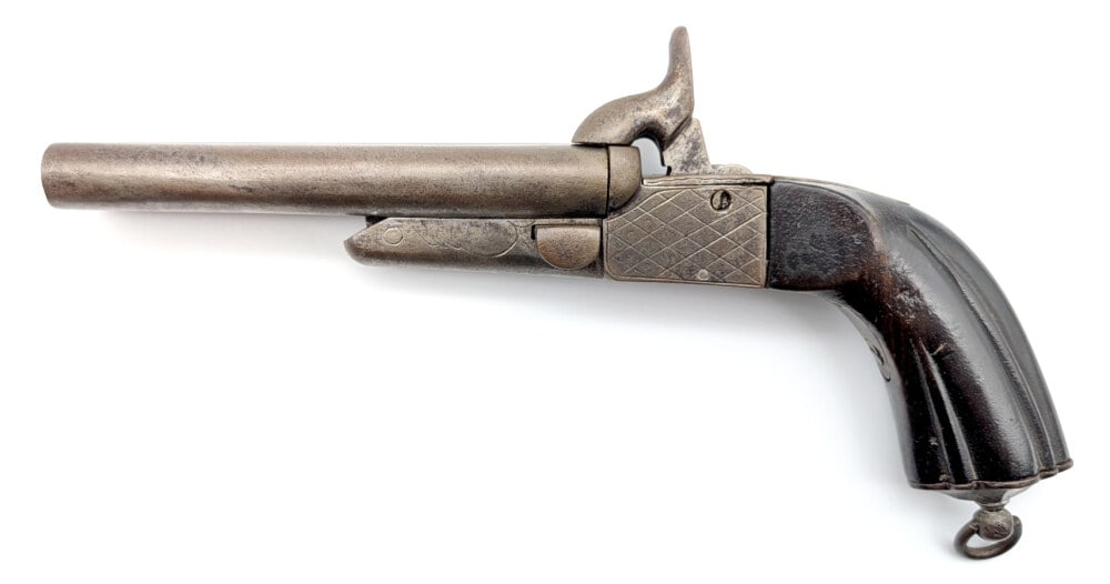 Unmarked 11mm Pinfire Double Barrel Pistol: Manufacturer: Unknown , Model: Pinfire, Type: Pistol, Caliber/Gauge: 11mm Pinfire, Barrel: 4-3/4 inch, Choke: , Finish: Gray Patina, Grip: Fluted Wood, Stock: , Condition: Good aged condition with sca