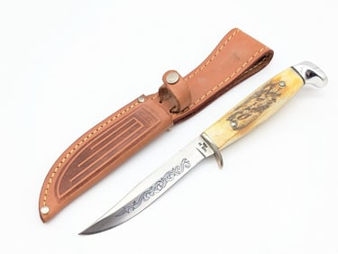 1977 Case XX Blue Scroll Stag 5FINN Fixed Blade w/ Sheath