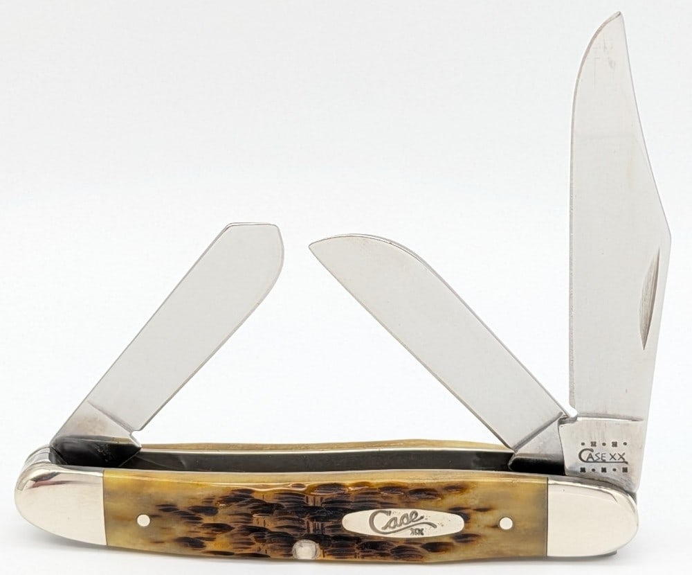 2000 Case XX Employee and Associates Set Amber Bone Stockman 1 of 350 6347: 2000 Case XX Employee Associates Knife set Amber Bone Stockman.? This is 1 of 350 and the differentiating factor on these knives is they have pins and liners that are nickel silver instead of brass. K