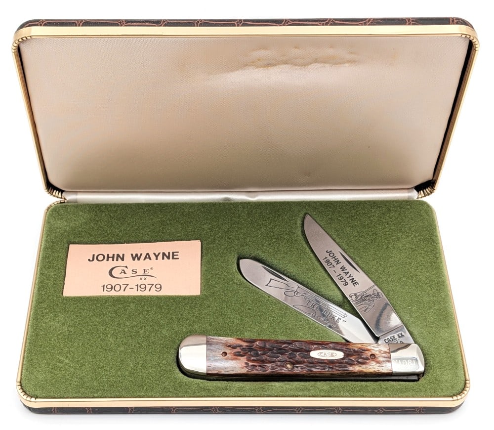 Ltd 1985 Case XX John Wayne Jig Bone Trapper 6254 w/ Case: Knife is numbered Y1081, and is in very nice condition with light tarnish from age. Overall measures 4-1/8in when closed.