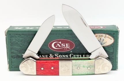 2006 Case XX Scroll Bolster Red/Green Bone Canoe Knife 62131 w/ Box