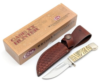 2004 Case XX Natural Bone Zebra Print Slab Side Hunter 678-3 1/2 w/ Sheath & Box