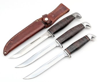 (3) Various Year Case XX Stacked Leather Fixed Blade Knives 316-5