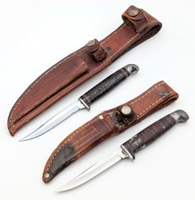 (2) Case XX Stacked Leather Small Fixed Blade Knives M3F w/ Sheaths
