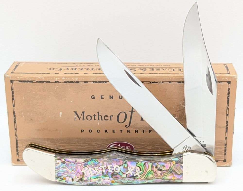 2003 Case XX Tested XX Abalone Folding Hunter 8265 w/Case: Knife is in very nice condition with light scuffs from handling. Overall measures 5-1/4in when closed.