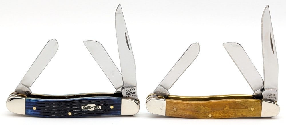 2010 & 25 Case XX Caribbean Blue Bone & Smooth Green Bone Medium Stockmans 6318: Knives are in very nice condition with light scuffs from handling. Overall measures 3-5/8in when closed.