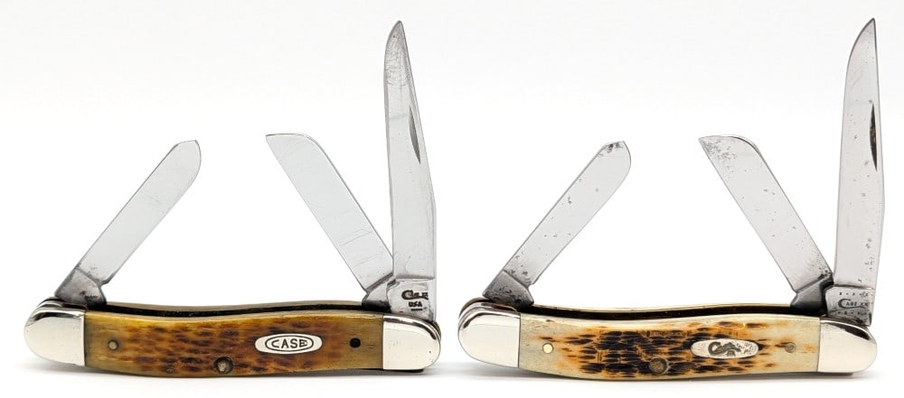1995 & 2010 Case XX Jigged Bone Medium Stockman 6318: Knives are in fair condition with scratches, carbon spots, and some tarnishing from use and handling. Overall measures 3-5/8in when closed.