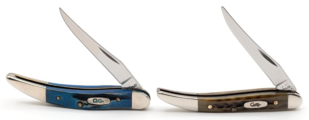 2000 & 19 Case XX Blue Wood & Jig Bone Tiny Texas Toothpicks: Knives are in nice condition with some scuffs on the bolsters from handling. Overall measures 3in when closed.