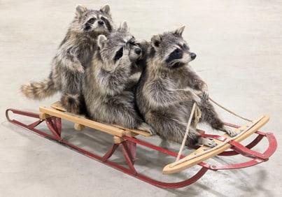 3 Sledding Full Body Racoons Taxidermy Mount