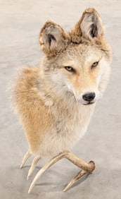 Large Coyote Shoulder Mount Taxidermy on Antler Base