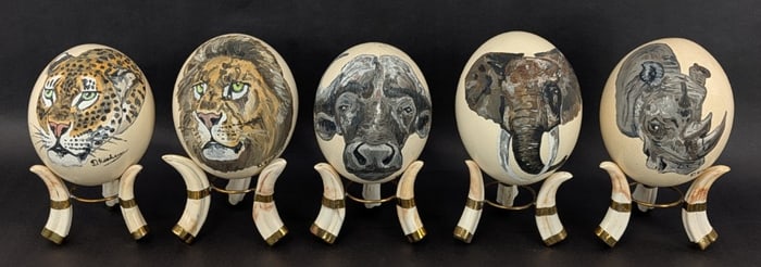 (5) The Big Five Painted African Ostrich Eggs w/ Boar Tusk Stands
