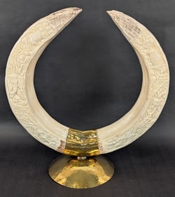 Carved African Hippo Tusk Display w/ Hammered Copper Base