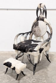 Black & White Cow Hide & Horn Arm Chair w/ Stool