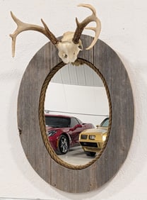 Rustic Barn Wood Deer Skull & Antler Mirror