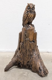 2.5ft Carved Wood Owl & Tree Stump Sculpture