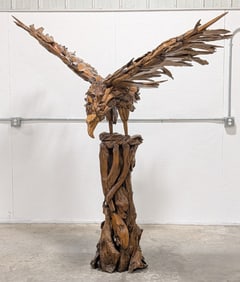 7ft Wide Teak Wood Perched Eagle Sculpture