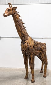 7.5ft Teak Wood Giraffe Sculpture