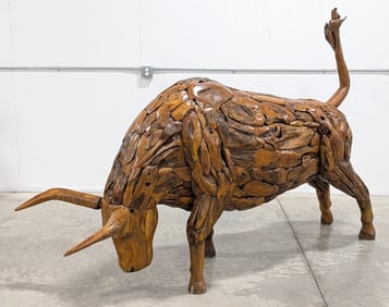 8ft Teak Wood Running Bull Sculpture