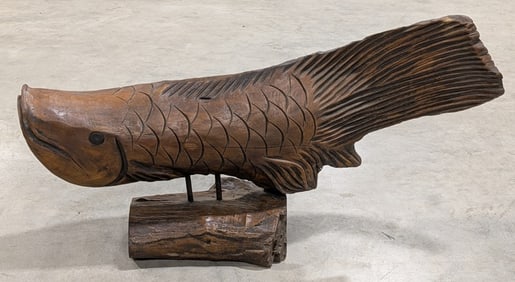 3ft Carved Wood Arowana Fish Sculpture