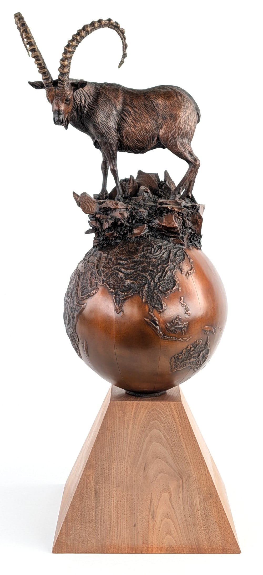 1997 Fred Boyer Bronze Ibex Sculpture: Signed by Fred Boyer. Measures 26.75in tall x 10.5in width x 9.5in depth.