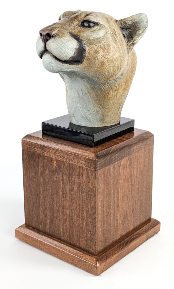 2000 Rip H. Caswell Safari Club International Cougar Bronze Sculpture: Signed by Rip H. Caswell. Measures 14in height x 6.75in width x 7in depth.