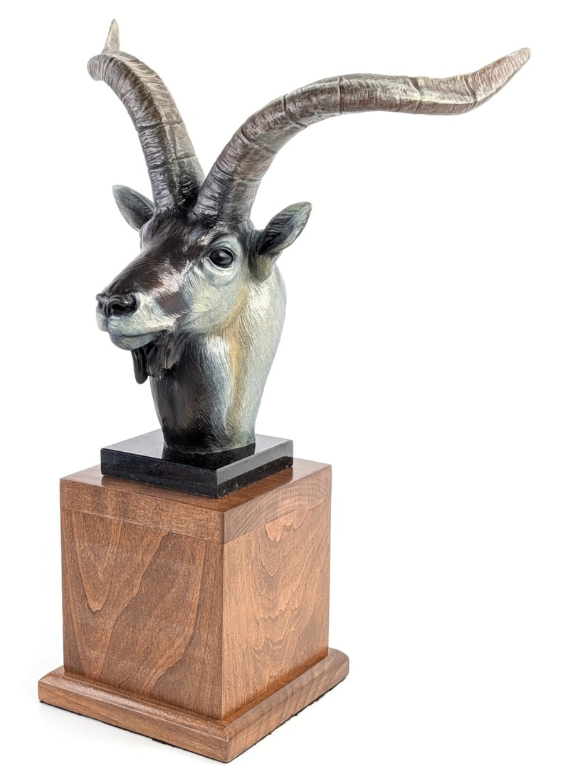 2000 Rip H. Caswell Safari Club International Sable Bronze Sculpture: Signed by Rip H. Caswell. Measures 19.75in height x 14in width x 9.5in depth.
