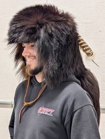 Fox Fur Full Head Cap w/ Fluffy Tail & Feathers