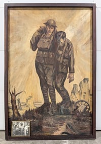 Large WWI Doughboys In European Ruins Oil Painting