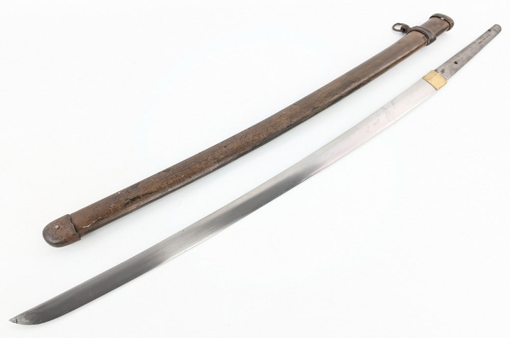 WWII Japanese Kanenori Type 98 Shin Gunto Officers Sword w/ Scabbard Missing Handle: Features a blade signed with name Kanenori and the date in the 1943, the tang is also marked serial number 98 on the tang, and is missing everything from the habaki down. Sword blade is in good condit