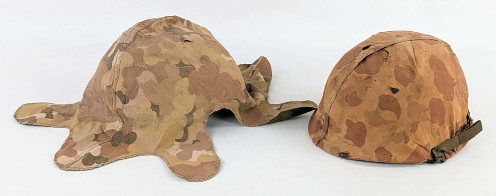 Korean War US Marine M1 Helmet w/ Camo Cover: Helmet features a battle worn tan camo cover with the name Roy...Chicago IL 7th Marines hand written on the one side, and the phrase "Kid Killer" on the other. The phrase can be many implication that 