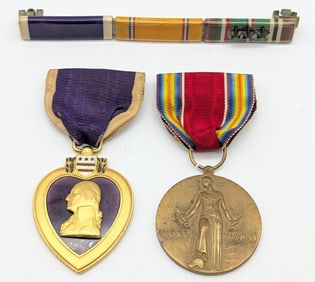 WWII US Single Soldier Purple Heart, WWII Medal, & Ribbon Bar