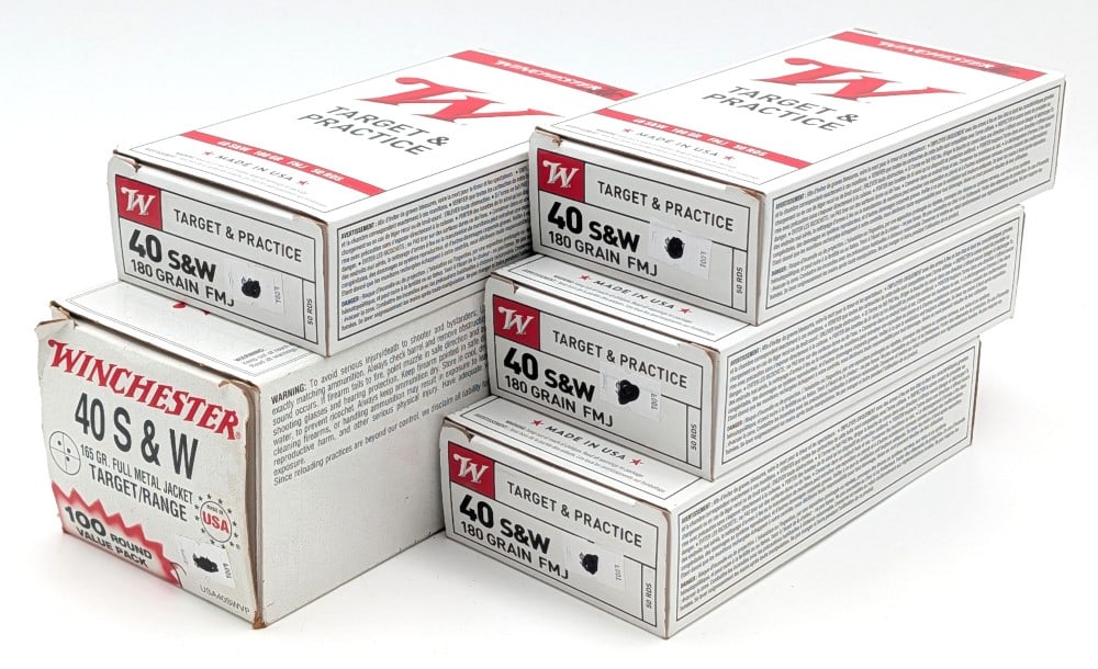 300 Rnds of Winchester 40 S&W Cartridges: 165gr FMJ and 180gr FMJ.