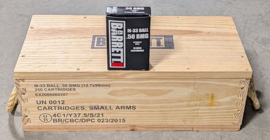 190 Rnds of Barrett M-33 Ball .50 BMG Cartridges w/ Ammo Crate
